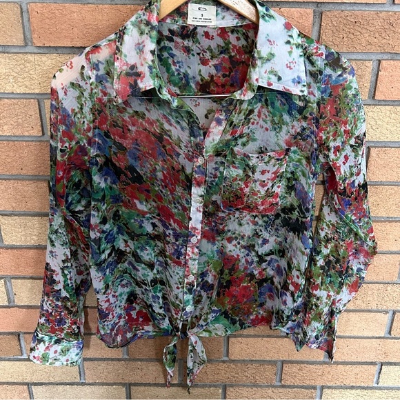 Pins & Needles Floral Watercolor Sheer Button-Up Tie Front Blouse Size Small - Picture 1 of 5